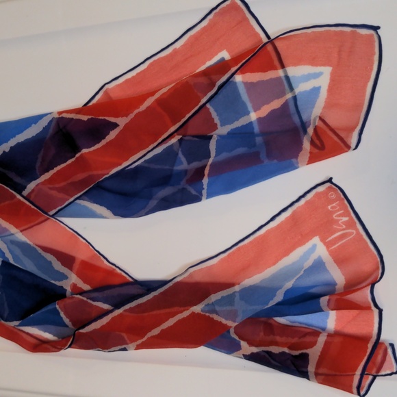 Vintage Vera Neumann Mod Scarf Sheer Red White Blue Long Rectangle Signed - Picture 4 of 5
